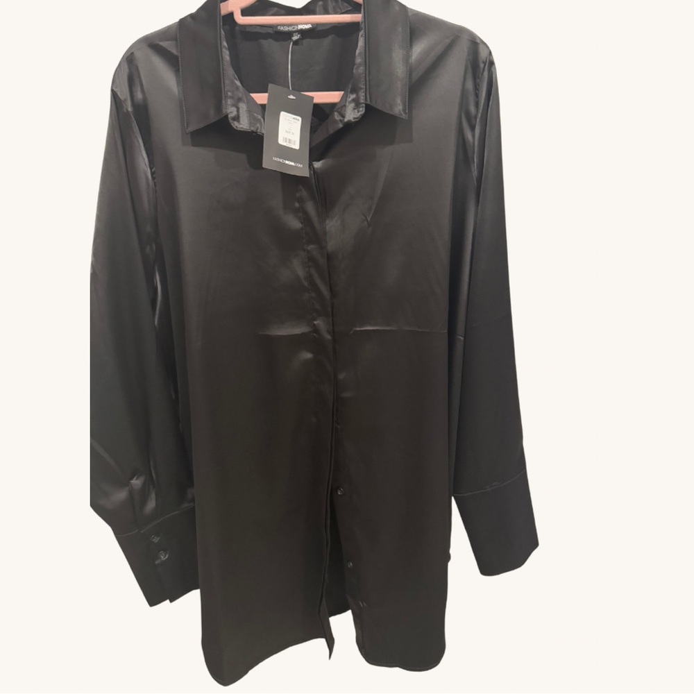 Fashion Nova Black Satin Button-Up Shirt dress